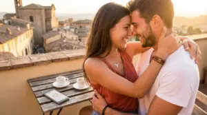 Coppia felice abbracciata su una terrazza al tramonto con vista su un borgo storico