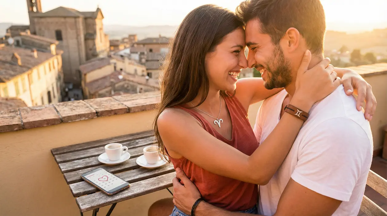 Coppia felice abbracciata su una terrazza al tramonto con vista su un borgo storico