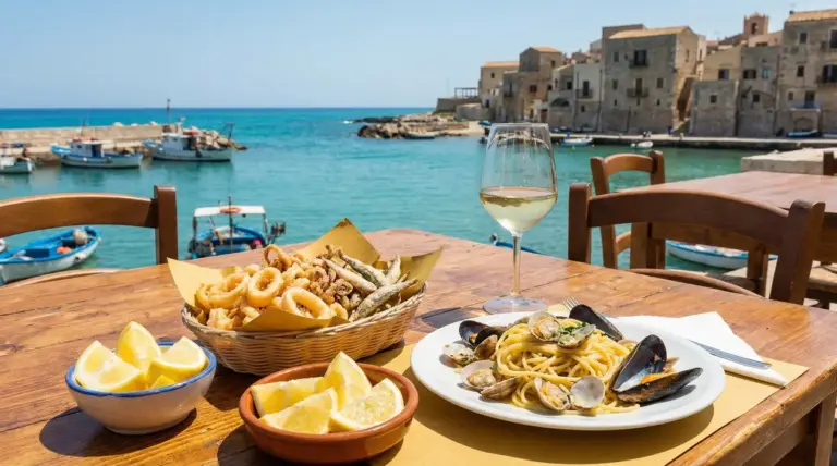 Piatto di spaghetti ai frutti di mare e frittura di pesce su tavolo vista mare in Italia