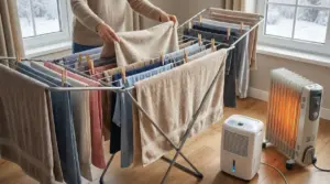 Persona che stende panni bagnati su uno stendino vicino a un termosifone e a un deumidificatore in una stanza invernale