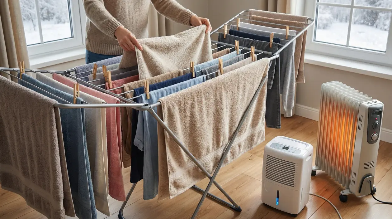 Persona che stende panni bagnati su uno stendino vicino a un termosifone e a un deumidificatore in una stanza invernale