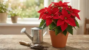 Pianta di stella di Natale in vaso su un tavolo con annaffiatoio e paletta