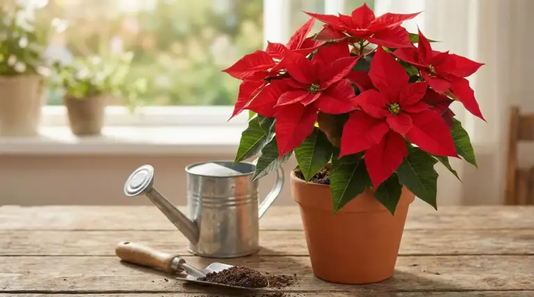 Pianta di stella di Natale in vaso su un tavolo con annaffiatoio e paletta