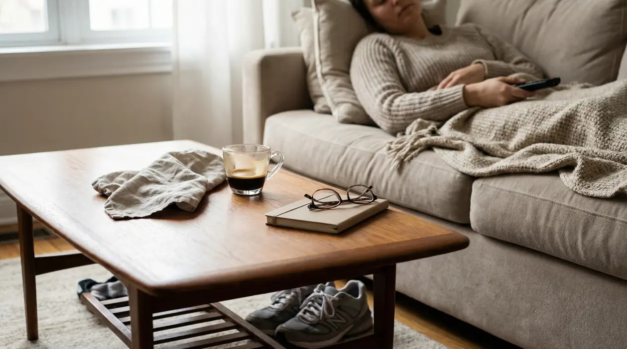 Una persona riposa sul divano coperta da una coperta, con una tazza e un libro su un tavolino vicino.