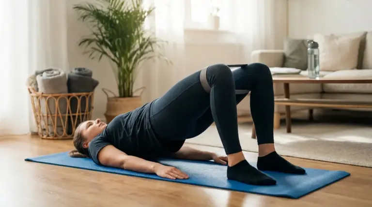 Persona che esegue esercizio di bridge per glutei su tappetino a casa