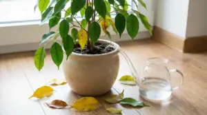 Ficus in vaso con foglie gialle cadute sul pavimento e annaffiatoio in vetro