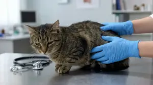 Gatto visitato da un veterinario con guanti blu su un tavolo in ambulatorio