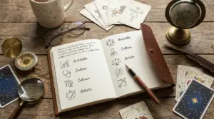 Tavolo in legno con taccuino aperto, carte zodiacali, bussola e oggetti vintage