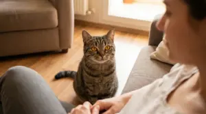 Gatto tigrato con occhi arancioni fissa una persona seduta sul divano