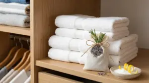 Armadio con asciugamani bianchi piegati, sacchetto di lavanda e piattino con limone e bicarbonato