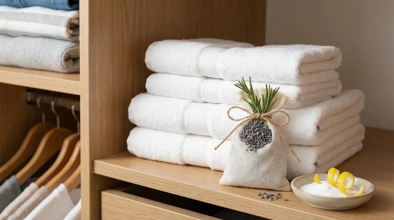 Armadio con asciugamani bianchi piegati, sacchetto di lavanda e piattino con limone e bicarbonato