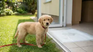 Cucciolo con guinzaglio rosso vicino a una porta aperta e a un tappetino assorbente