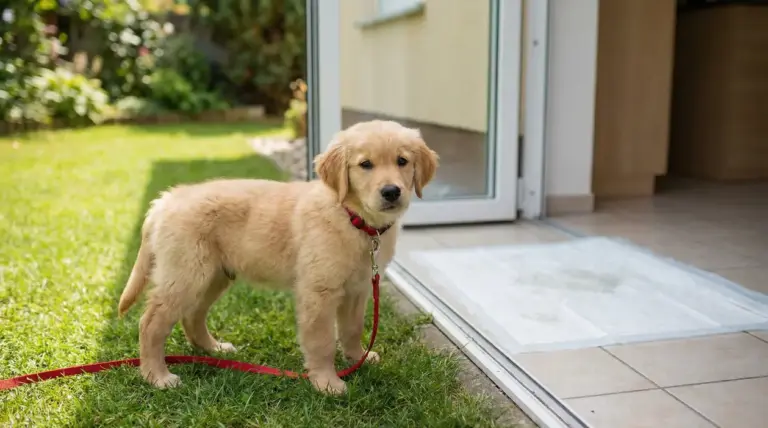Cucciolo con guinzaglio rosso vicino a una porta aperta e a un tappetino assorbente