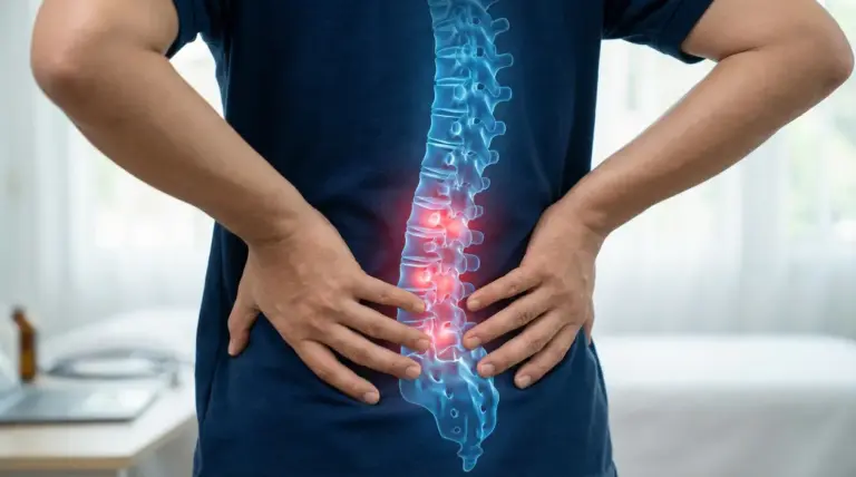 Persona con le mani sulla zona lombare e colonna vertebrale evidenziata