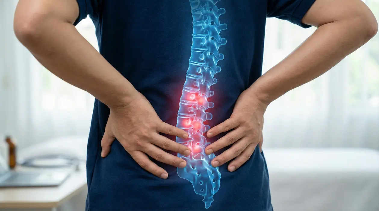 Persona con le mani sulla zona lombare e colonna vertebrale evidenziata