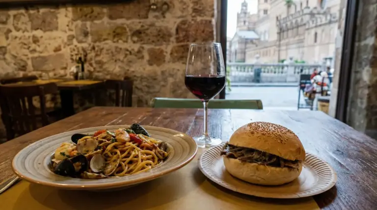 Piatto di pasta con frutti di mare, panino e bicchiere di vino rosso su un tavolo in un ristorante a Palermo
