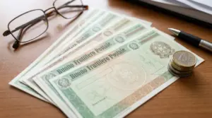 Buoni fruttiferi postali su un tavolo con occhiali, penna e monete in euro