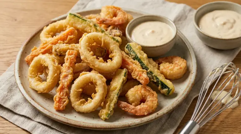 Frittura mista croccante con verdure, calamari e gamberi su un piatto con salsa