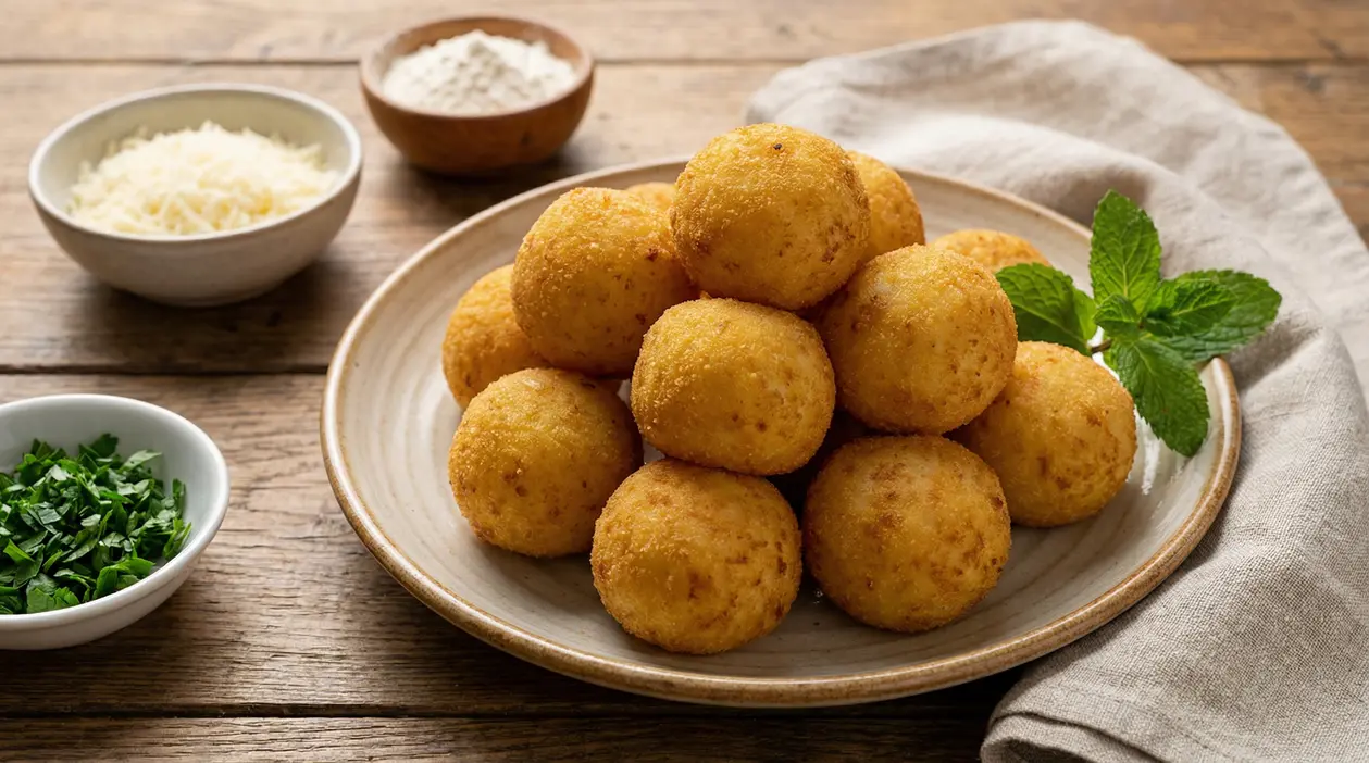 Polpette di patate dorate su un piatto con ingredienti freschi sullo sfondo