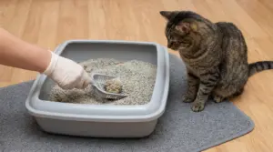 Persona con guanti pulisce la lettiera del gatto mentre un gatto osserva