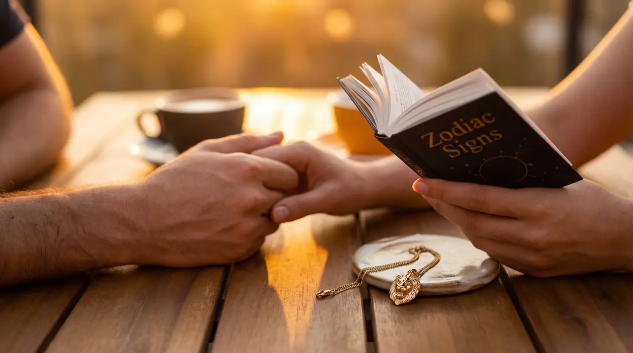 Due persone si tengono per mano mentre leggono un libro sui segni zodiacali a un tavolo