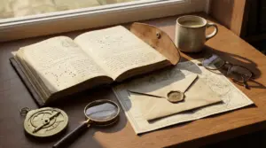 Tavolo con libro antico aperto su costellazioni, mappa, lente, occhiali e una tazza di caffè