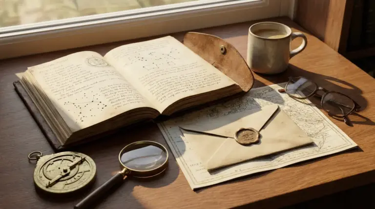 Tavolo con libro antico aperto su costellazioni, mappa, lente, occhiali e una tazza di caffè