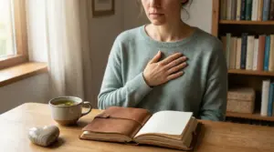 Persona seduta con una mano sul petto davanti a un quaderno aperto e una tazza di tè