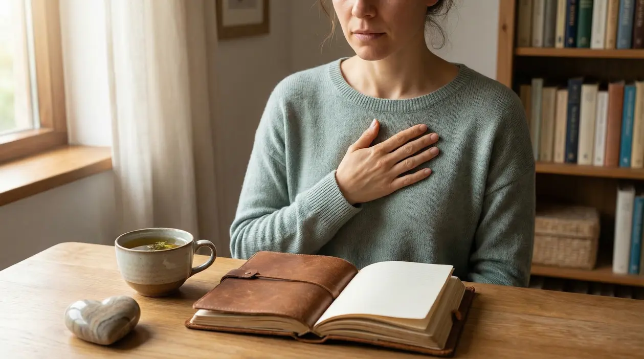 Persona seduta con una mano sul petto davanti a un quaderno aperto e una tazza di tè
