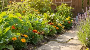 Serpente su un sentiero di giardino circondato da fiori e piante