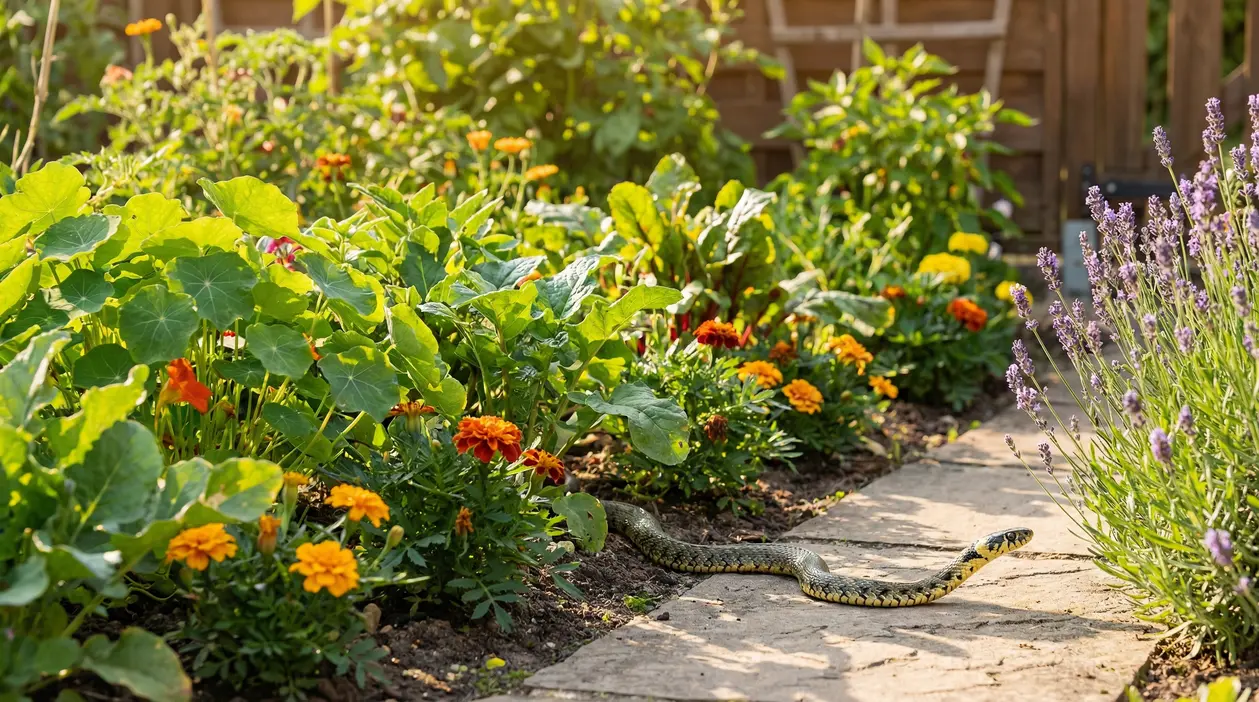 Serpente su un sentiero di giardino circondato da fiori e piante