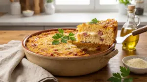 Timballo di riso al forno con provola filante e cubetti di prosciutto in una teglia di ceramica