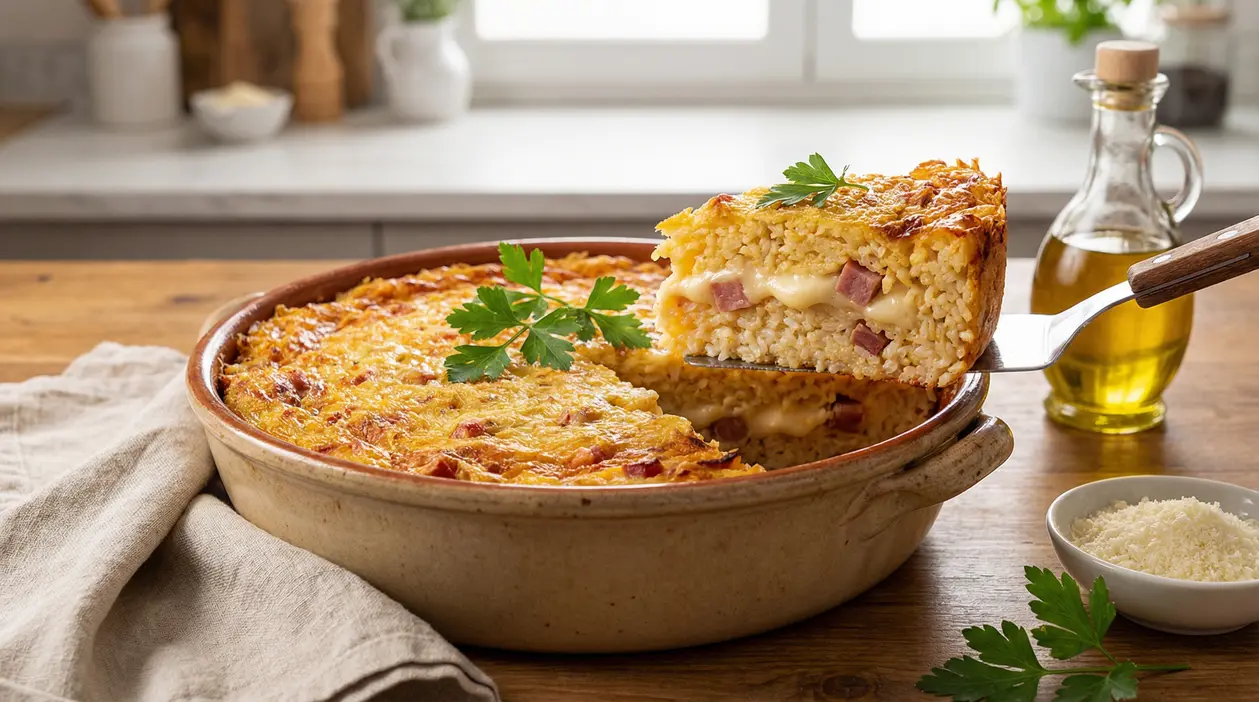 Timballo di riso al forno con provola filante e cubetti di prosciutto in una teglia di ceramica