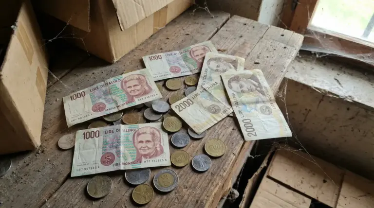 Vecchie banconote e monete italiane in lire su un tavolo impolverato in soffitta