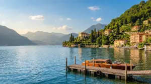 Panorama del Lago di Como con ville storiche, vegetazione e barca attraccata a un molo di legno