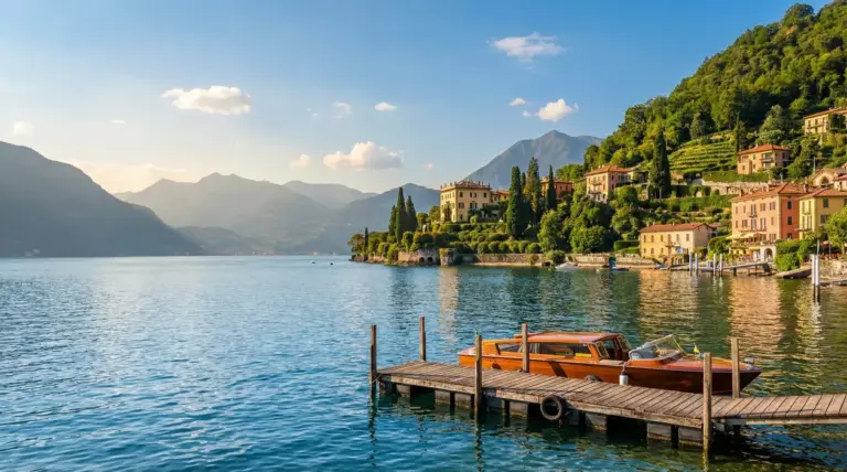Panorama del Lago di Como con ville storiche, vegetazione e barca attraccata a un molo di legno